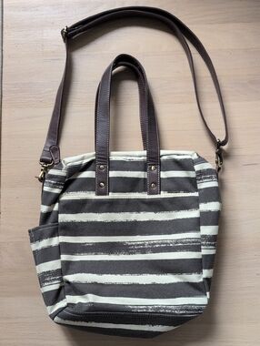 Maika Commuter Tote Charcoal & Cream Striped Canvas with Brown Leather Strap